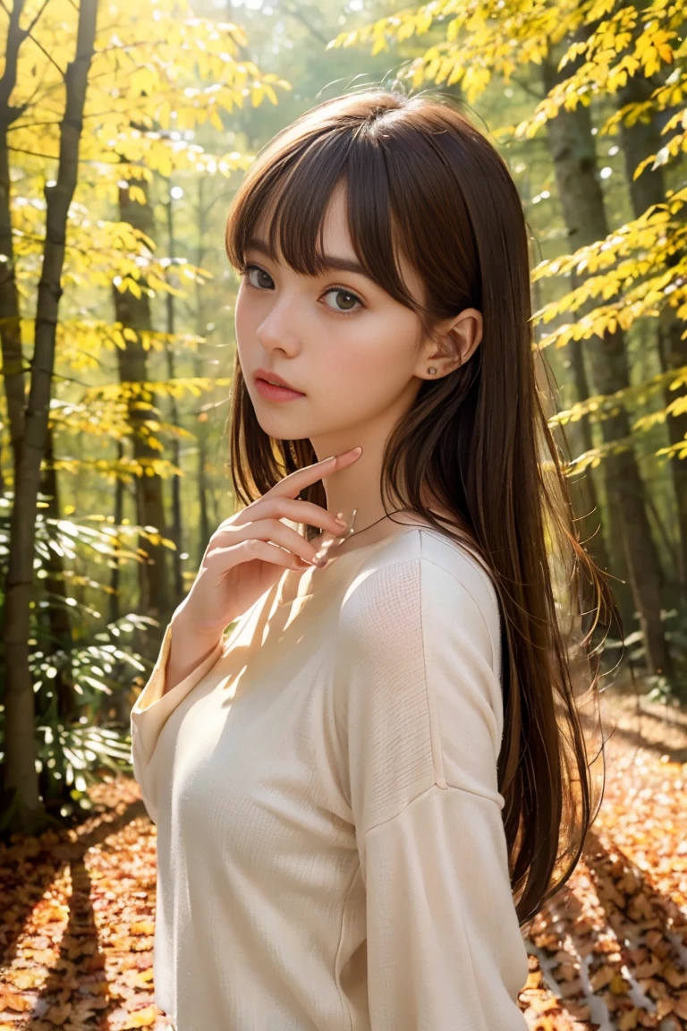 ((((Whole body 1.4)))),1 Female, Light brown hair, Blunt bangs, Hair behind the ear, Hair that falls over the shoulders, Long Hair, Slim figure, Ultra Fine Face, Thin face, Delicate lips, Beautiful Eyes, Light blush, eyes are light brown, Perfect glowing skin, Perfect Skin, Shining Sweat,Have a look at this, Ultra-thin needle, Very thin fingers:Realistic:1.3), (Autumnal Forest:1.4), Fujifilm, 8k, Whole body 1.4, Hmph, Super Detail, high quality, 最high quality, High resolution, ((Don&#39;t show your fingers))、Golden Hour　Beautiful light,  (White camisole)、((Checked mini skirt)) (Medium Size:1.4) (((positive image:1.3)))Bare legs