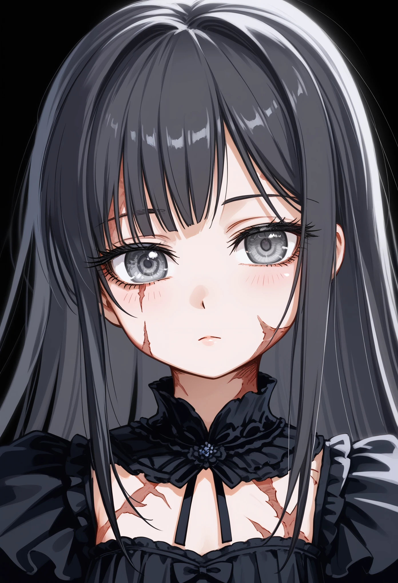 masterpiece, best quality, absurdres, (score_9, score_8_up, score_7_up), 1girl, solo, close-up, small breasts, black hair, long hair, gray eyes, scars, burn scars, neutral, head tilt, black dress, Victorian fashion, hands down, looking at viewer, black background, simple background, sfw 