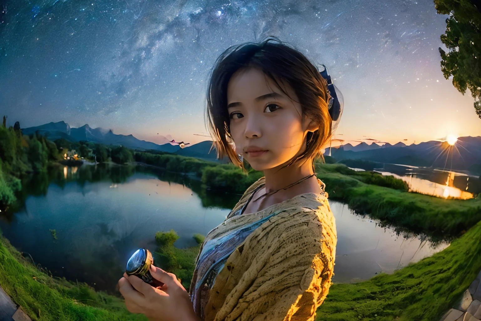 (1girl:2),
(masterpeace:1.4),
A serene lake nestled among the verdant hills still waters reflecting the shimmering tapestry of (Milky Way:1.1) and stars strewn across the vast expanse of the night sky,
beautiful (stone:0.5) (city:1.1) on the shore of the lake,
(fisheye:1.3), (Looking away:1.3), (flutter in the wind), (Closing eye),