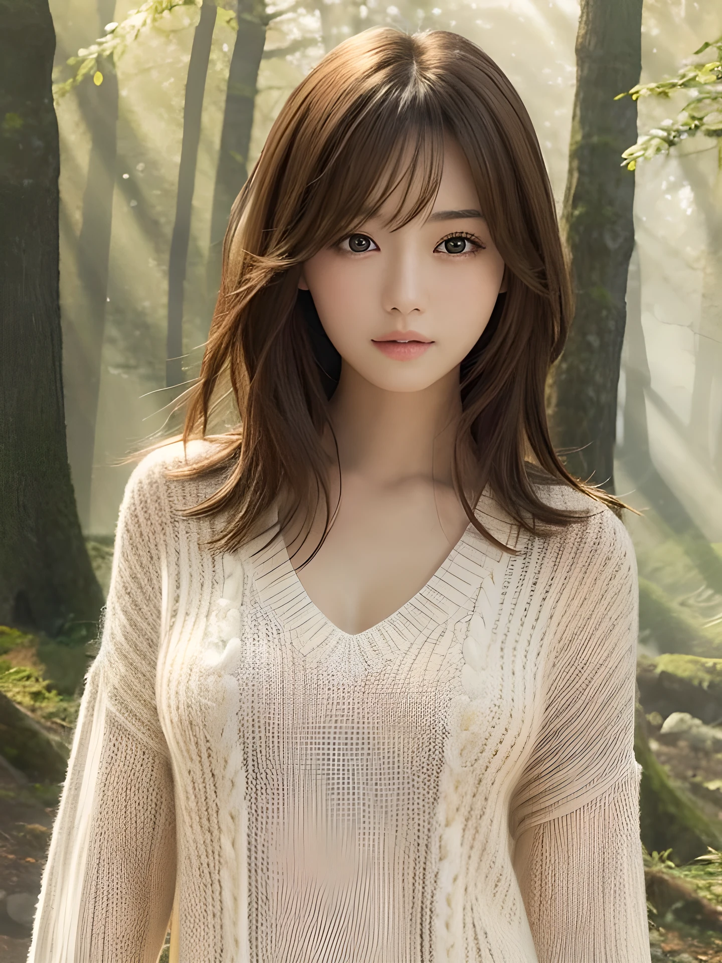 masterpiece, highest quality, High resolution, wallpaper, realistic, (bright lighting:1.4), professional lighting, face light, smooth lighting, (shoot from front:1.8), 1 girl, closeup-face, cute, sleepy, open mouth to say something, shy, Beautiful girl, sexy, super beautiful, beautiful skin, beautiful and detailed eyes、detailed face、slim、moderately, pixie cut, brunette colored hair, brown eyes, Professional Photography, Bokeh, Portrait, The morning sunlight shines through the misty forest path. sweater,
