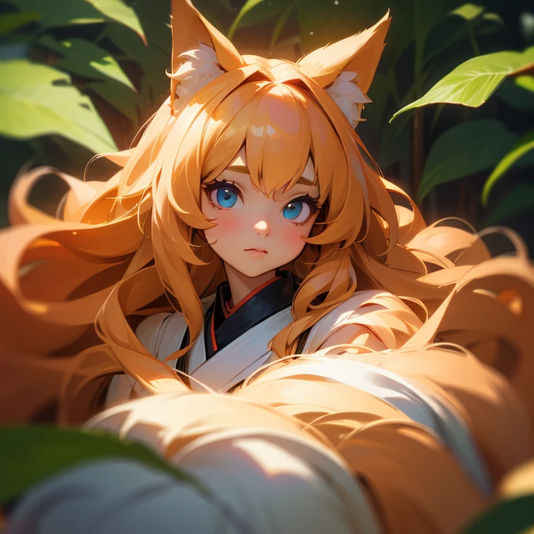 (best quality,4k,8k,highres,masterpiece:1.2),ultra-detailed,(realistic,photorealistic,photo-realistic:1.37),cute,solo girl with orange long wavy hair,blue eyes,fox ears,fluffy fox tail,summer time in Japan,beautiful garden scenery,lush greenery,colorful