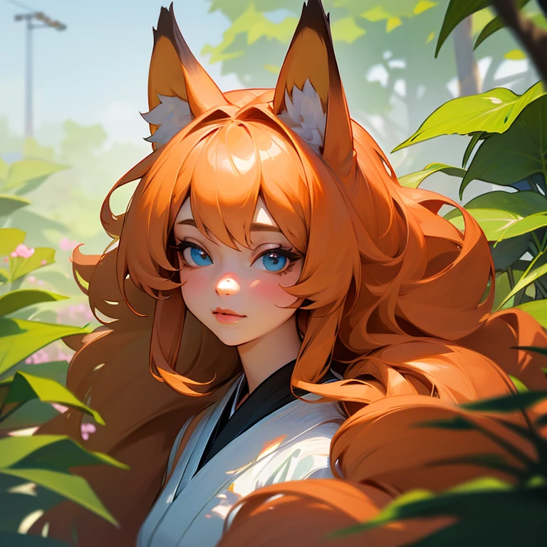 (best quality,4k,8k,highres,masterpiece:1.2),ultra-detailed,(realistic,photorealistic,photo-realistic:1.37),cute,solo girl with orange long wavy hair,blue eyes,fox ears,fluffy fox tail,summer time in Japan,beautiful garden scenery,lush greenery,colorful