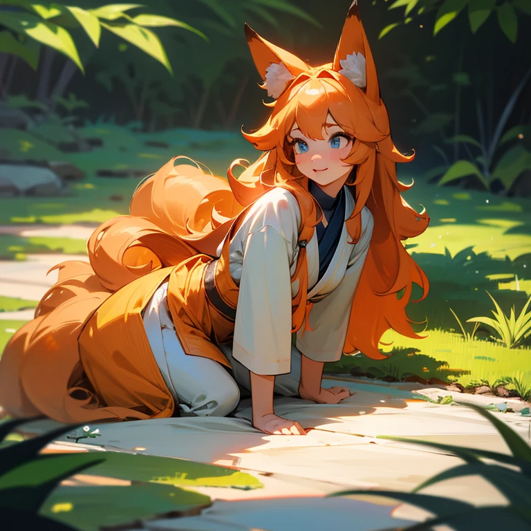 (best quality,4k,8k,highres,masterpiece:1.2),ultra-detailed,(realistic,photorealistic,photo-realistic:1.37),cute,solo girl with orange long wavy hair,blue eyes,fox ears,fluffy fox tail,summer time in Japan,beautiful garden scenery,lush greenery,colorful