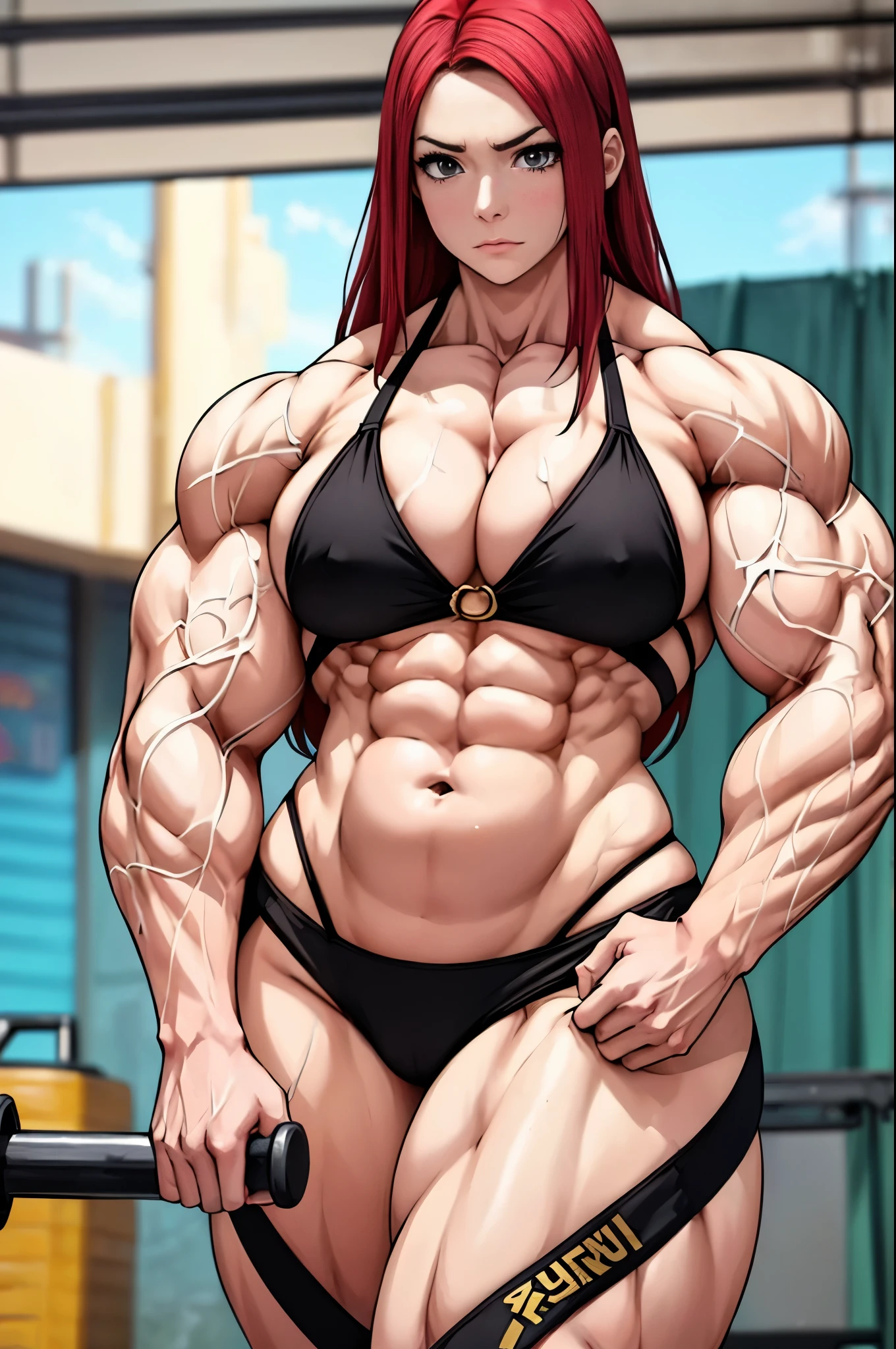 masterpiece, 4k, portrait, cowboy shot, (PLAYGROUND BACKGROUND), professional artwork, intricate details, colorful, digital blending, (ultra detailed body, ultra detail hair, ultra detail face), trending on pixiv, kind of anger, best quality, anime style: 1.9, 1girl, hires, Uzamaki Kushina, ( milf, pale skin, (extra large breasts), long hair, ((black bikini)), ((navel, belly button), slender body, slender belly, bracelet, red hair, shuted mouth, big eyes), anger, beach, wind, floating hair, detailed arms, off-shoulders, broad shoulders, (((both) hands spreading to both sides)), fancy couch, relaxing, laying, talking, looking at the viewer))), (((flexing))), (((ultra detailed arms)))). (((curvy: 1.2))),muscular,female,bodybuilder,strong,toned physique,ripped muscles,lean body,fitness enthusiast,empowered,confident,posing on the stage,determined expression,fierce competition,bulging biceps,sweat dripping,veins popping,athletic physique,intense workout sessions,strong legs,bulky shoulders,disciplined lifestyle,dedicated training regimen,fitness inspiration,endurance,unstoppable force,barbell,weights,exercise equipment,stamina,perseverance,sculpted arms,powerful presence,fitness model,athleticism,competition preparation,high-intensity training,competition stage,striking physique,mental fortitude,motivation,hard work,persistence,inspiring,admired by others