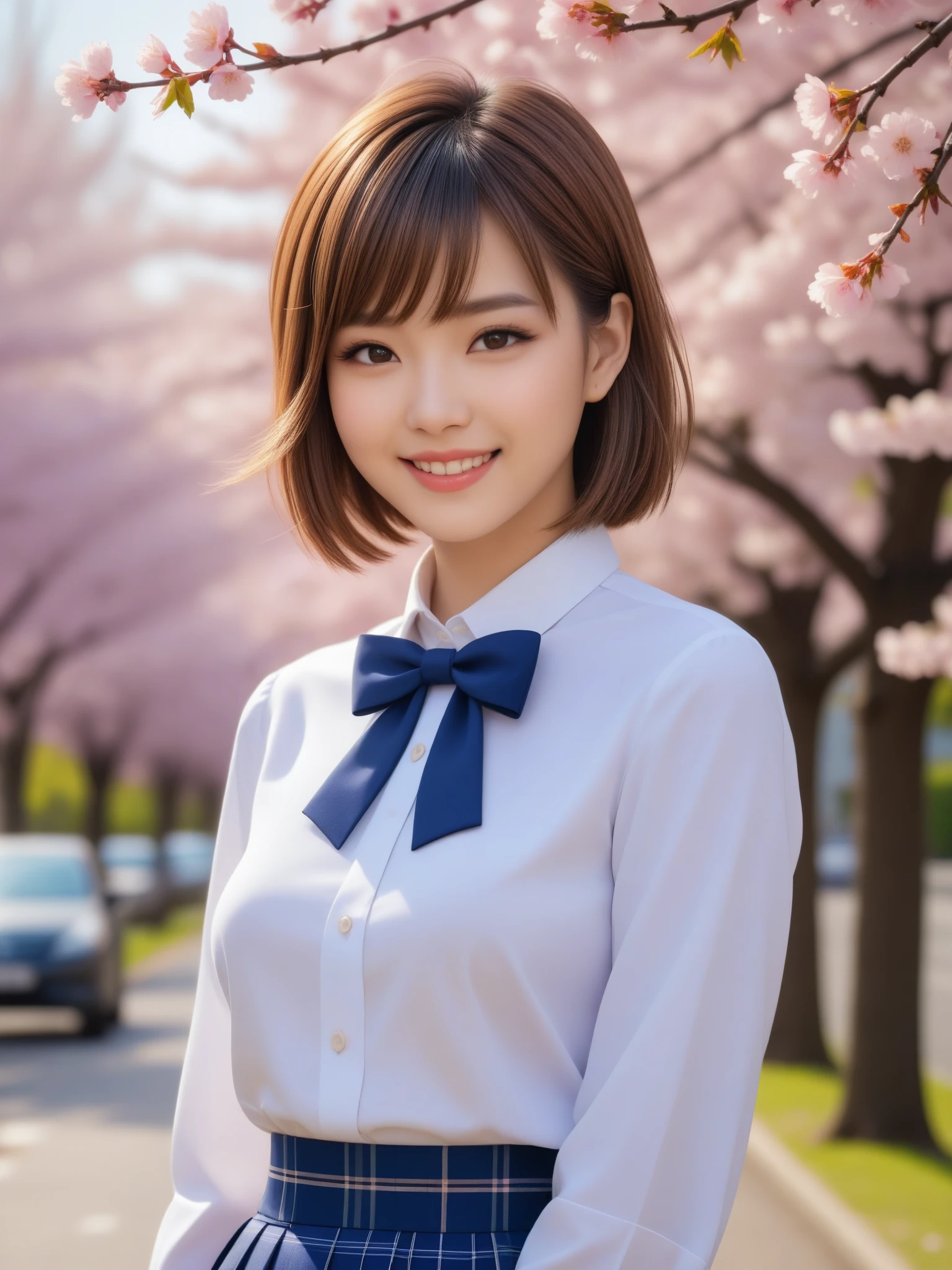 product quality, 1girl, upper body shot, front view, a Japanese young pretty girl, 18 years old, short hair, standing with a big smile on a street among cherry blossom trees, glamorous figure, busty, wearing a white collared shirt of long sleeves, dark blue plain bow tie, dark blue tartan plaid pleated skirt, a tote bag on her shoulder, hyper cute face, glossy lips, double eyelids in both eyes, natural makeup, long eyelashes, shiny smooth light brown hair, asymmetrical bangs, fair skin, central image, high resolution, high detail, detailed hairstyle, detailed face, spectacular cinematic lighting, octane rendering, vibrant, hyper realistic, perfect limbs, perfect anatomy