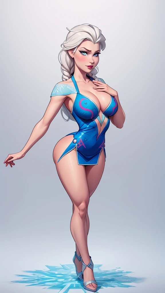 Beautiful portrait mode pose cartoon character in dynamic full body pose of Elsa from Disney (Frozen) with symmetrical body with a sexy short dress and beautiful breasts and butt, cuerpo bien definido, delicado e sensual, estilo de dibujos animados, digital illustration portrait mode 