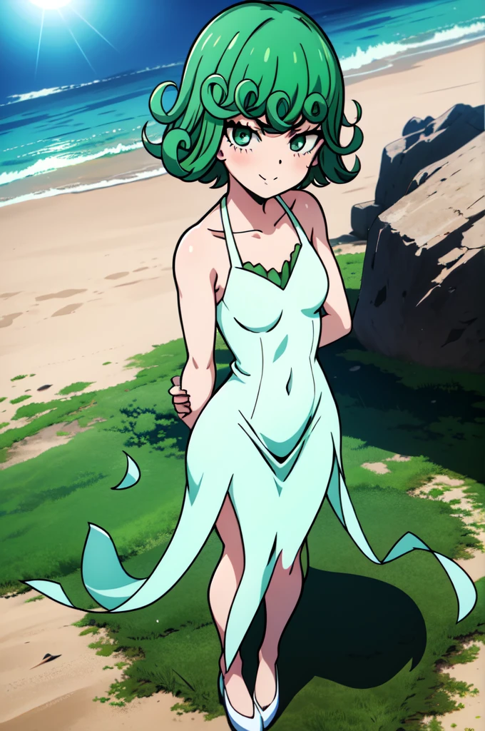 absurdres, highres, ultra detailed, tatsumakitornado, short green hair, curly hair, white sun dress,outdoors, green eyes ,full body ,looking up at veiwer, blushing ,standing,smile, holding red roses 