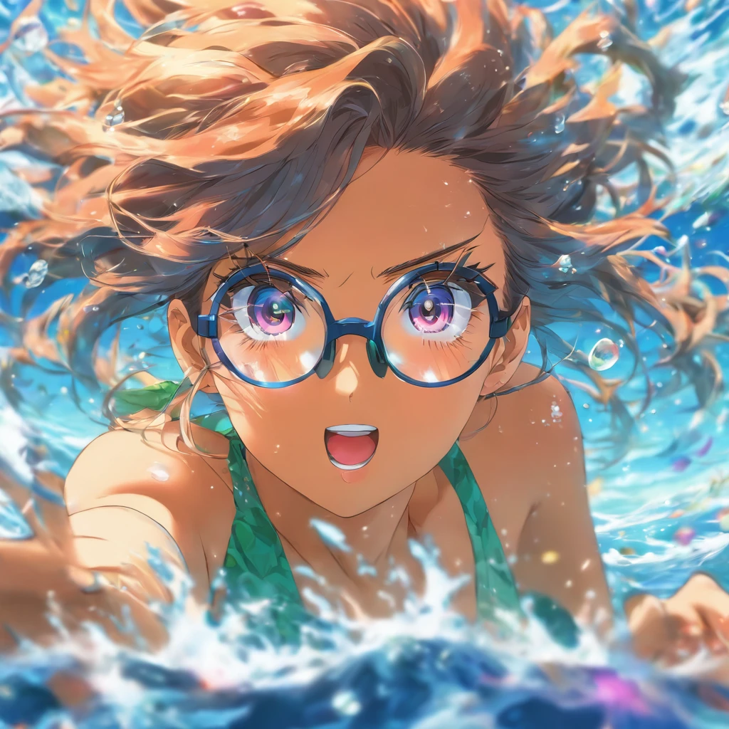 foreshortening, depth of field, masterpiece, best quality, 1girl, brown hair, brown eyes, long hair, underwater, air bubble, solo, looking at viewer, school swimsuit, swimming, dappled sunlight, green bra, big boobs, glasses