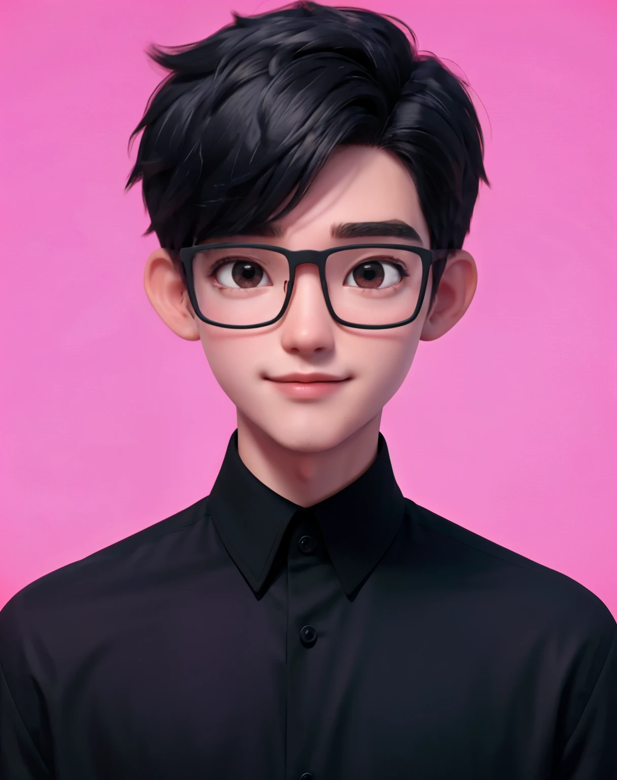 "Best quality, 1 boy and 1 man, ages 30, solo, cartoon 3D portrait, minimalist red background, short black hair, pink lips, black shirt, black glasses, direct gaze."