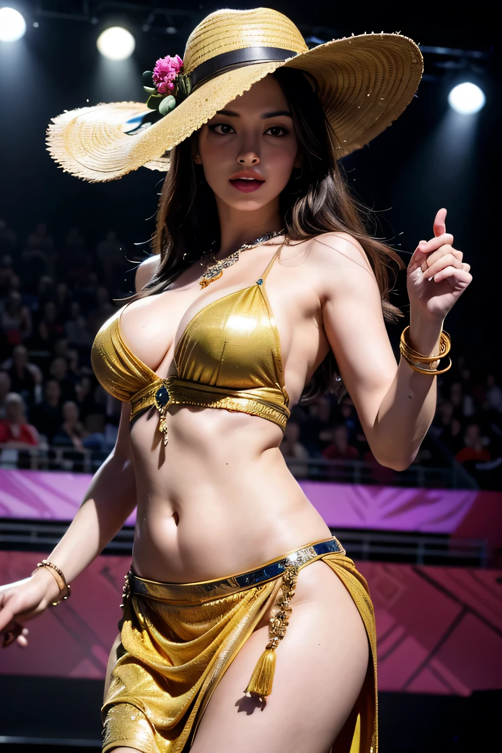 (best quality,masterpiece:1.2,high resolution,4k,8k),ultra-detailed,(realistic,photorealistic,photo-realistic:1.37),1girl,Anne Hathaway on the stage,belly dancer,chubby,big breasts,vivid colors,stage lights,dynamic movement,golden jewelry,cultural attire,expressive eyes,graceful posture,straw hat,colorful veil,energetic performance,dancing with confidence,elegant hand gestures,mesmerizing expressions,beautiful patterned dress,engaging with the audience,sensuous dance rhythm,enthralling stage presence,celebration of femininity,expressive body language