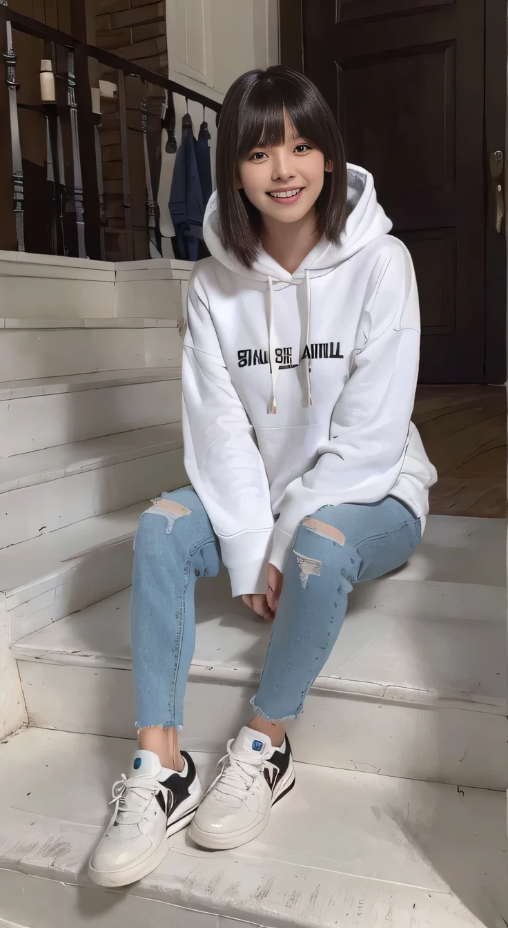 highest quality, Realistic, Very detailed, Finer details, High resolution, 8k wallpaper, One beautiful woman,Sit on the stairs、(Wear black socks)smile、(Beautiful teeth alignment、)(Gums are visible) Oversized hoodie, Skinny jeans,( Black sneakers)、Black Hair、 Beautiful Bangs、ear piercing、Perfect dynamic composition, Beautiful and detailed, Full Body Shot, A big smile