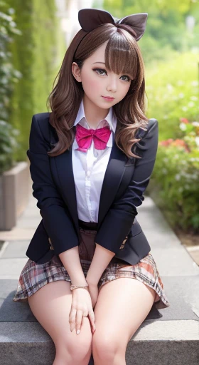 (from the front),((Tabletop, highest quality, High resolution, Hmph, Perfect Pixel, 4K, Hmph, Hmph))), One Girl, single, alone, Beauty、The whole body is visible、 ((Mid-wave hair, bangs, Brown Hair)), ((Brown eyes, Beautiful eyelashes, Realistic eyes)), ((Detailed face, Blushing:1.2)), ((Smooth texture:0.75, Realistic texture:0.65, Realistic:1.1, Anime CG Style)), Medium chest, Dynamic Angle, Perfect body, ((Red bow tie, , Black jacket, Open jacket, Brown cardigan, White shirt, Black Skirt, Checked skirt)), School stairs、Looking up from the bottom of the stairs、A very embarrassed and flustered smile, Leaning forward、(The wind blew up her skirt, exposing her buttocks..........、Touch your buttocks with both hands、Pink lace panties)、