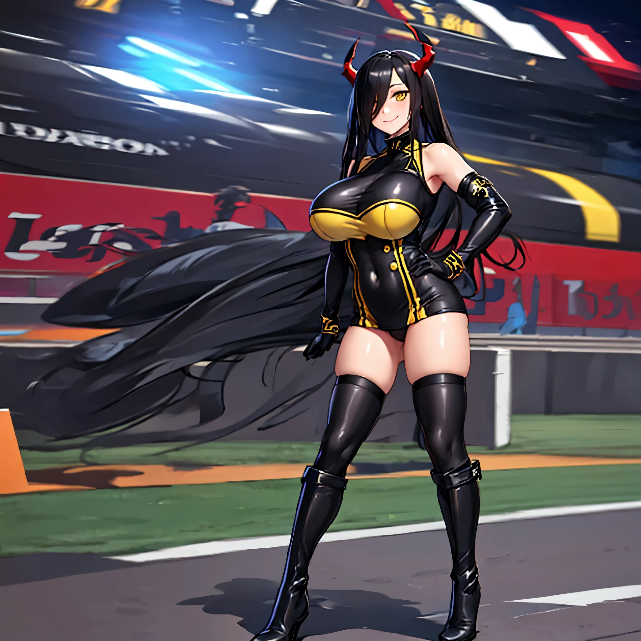 a woman wearing tight black race queen uniform, exposed thigh, long black stockings, black boots, big breasts, long black hair, horns, smiling, yellow eyes, standing in an open race track, night place, lighting in place, full body, day place,very detailed, ultra defined, high quality, well defined, masterpiece (solo woman)
