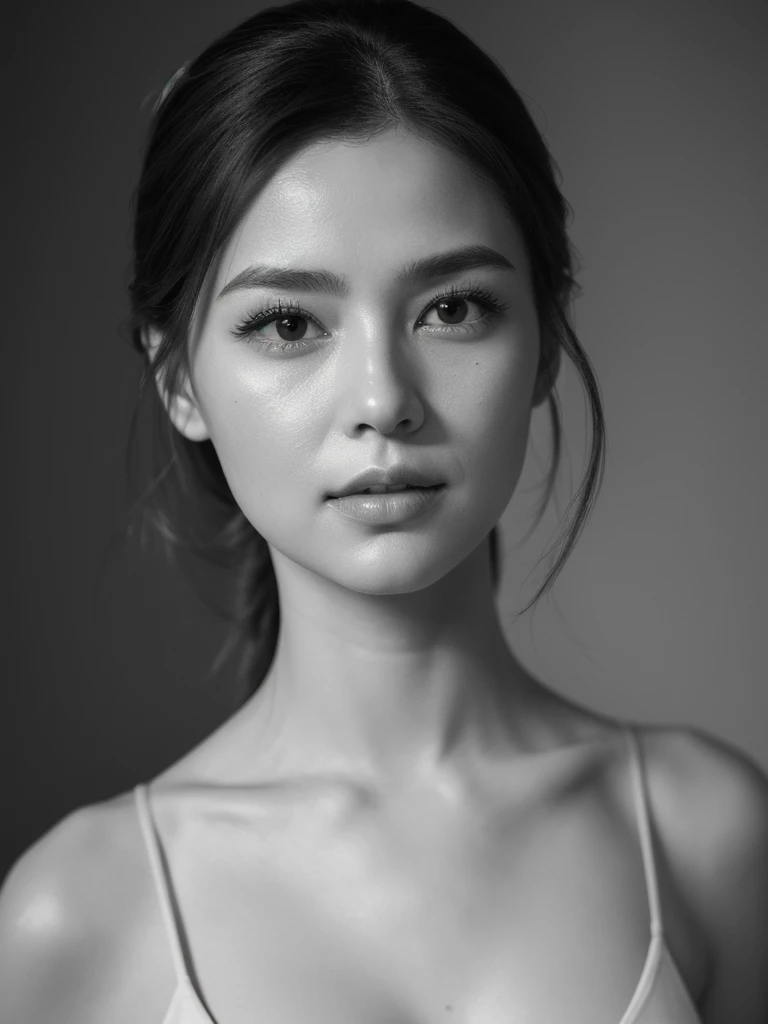 ((Top Quality)), ((8K)), ((Masterpiece: 1.3)), (Perfect Appearance), (Photorealism: 1.6), (monochrome: 1.6), japanese woman, (48 years old), ((Standing upright, facing forward, center of screen)), ((Realistic skin texture)), (Fine wrinkles throughout the skin), (Dull skin), (Skin without moisture), (Wrinkles on the corners of the eyes: 1.2), Double eyelids, tear bags on the lower eyelids, The eyes are looking here, serious gaze, (Dimples: 1.2), (Only the lips are red color), (focus on face: 1.3),