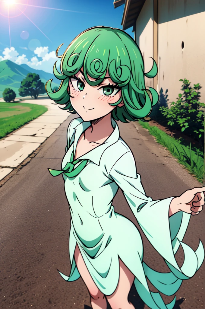 absurdres, highres, ultra detailed, tatsumakitornado, short green hair, curly hair, white sun dress,outdoors, green eyes ,full body ,looking up at veiwer, blushing ,standing,smile, holding red roses 