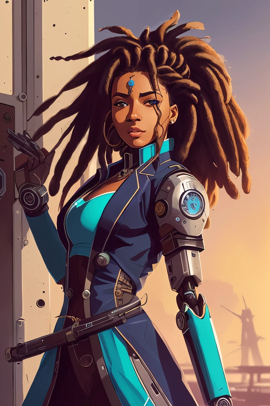 Mulher preta, cabelo azul, com dreads, foto, alta qualidade, estilo contraste,mechanical arms, human robot, ciborgue, pele morena, clothes with watches, tie with watch, suitcase with digital clock, Garota preta, cabelo dreads, olhos castanhos, big eyelashes, wearing torn tights and an overcoat with watches, seios fartos, corpo todo, megamen and terminator inspiration, high detail clock, sharp focus, dramatic, painting art by midjourney and ilya kuvshinov,