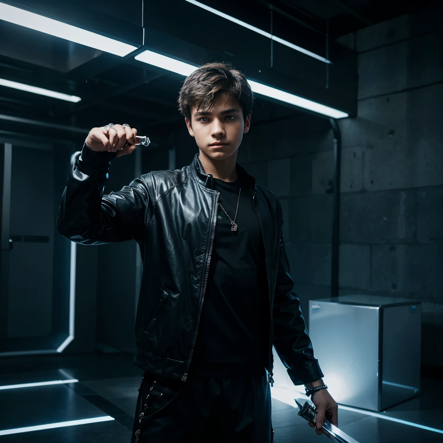boy with a sword in his hand and futuristic clothes with a shiny ring and a mysterious cube