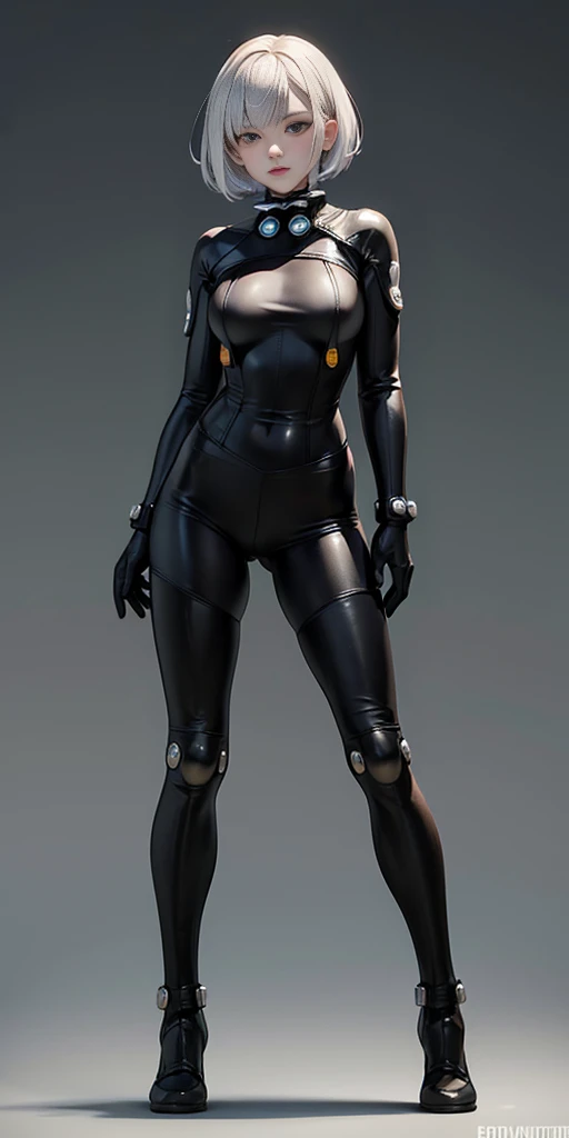 female adventurer white silver short bob hair cut, full body, game art style, (masterpiece), colorful clothing, scarves, leather belts, half skirt over pants and boots, flowing blouse and leather corset, best quality, highres, 4k, 8k, Detailed Illustration, intricate detail, cinematic lighting, amazing quality, 1girl, fit female, amazing shading, soft lighting, facing camera, perfect eyes, gantz suit armor torn apart, (grey background)
