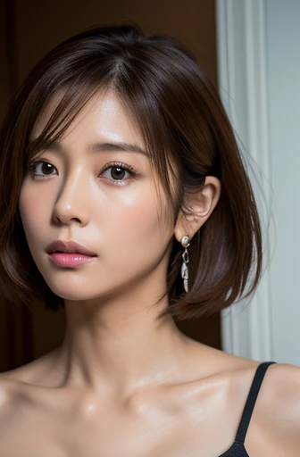 (8k, Realistic, RAW Photos, Best image quality: 1.4), Japanese women、Around 60 years old、Aunt、Cleavage:1.4、Chest to chest、Sleepy expression、double eyelid、Round Nose、Thick eyebrows、Thick lips、Thick lips、Light brown hair、Short Hair、Sporty hair、Wearing earrings、Ears hidden by hair、Casual clothing、Off the shoulder、(Realistic:1.4)、Dark Room
