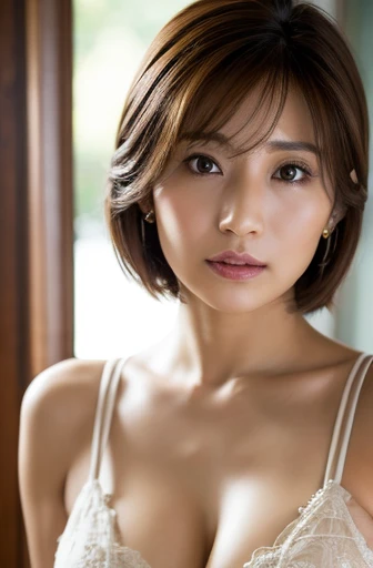 (8k, Realistic, RAW Photos, Best image quality: 1.4), Japanese women、Around 60 years old、Aunt、Cleavage:1.4、Chest to chest、Sleepy expression、double eyelid、Round Nose、Thick eyebrows、Thick lips、Thick lips、Light brown hair、Short Hair、Sporty hair、Wearing earrings、Ears hidden by hair、Casual clothing、Off the shoulder、(Realistic:1.4)、Dark Room