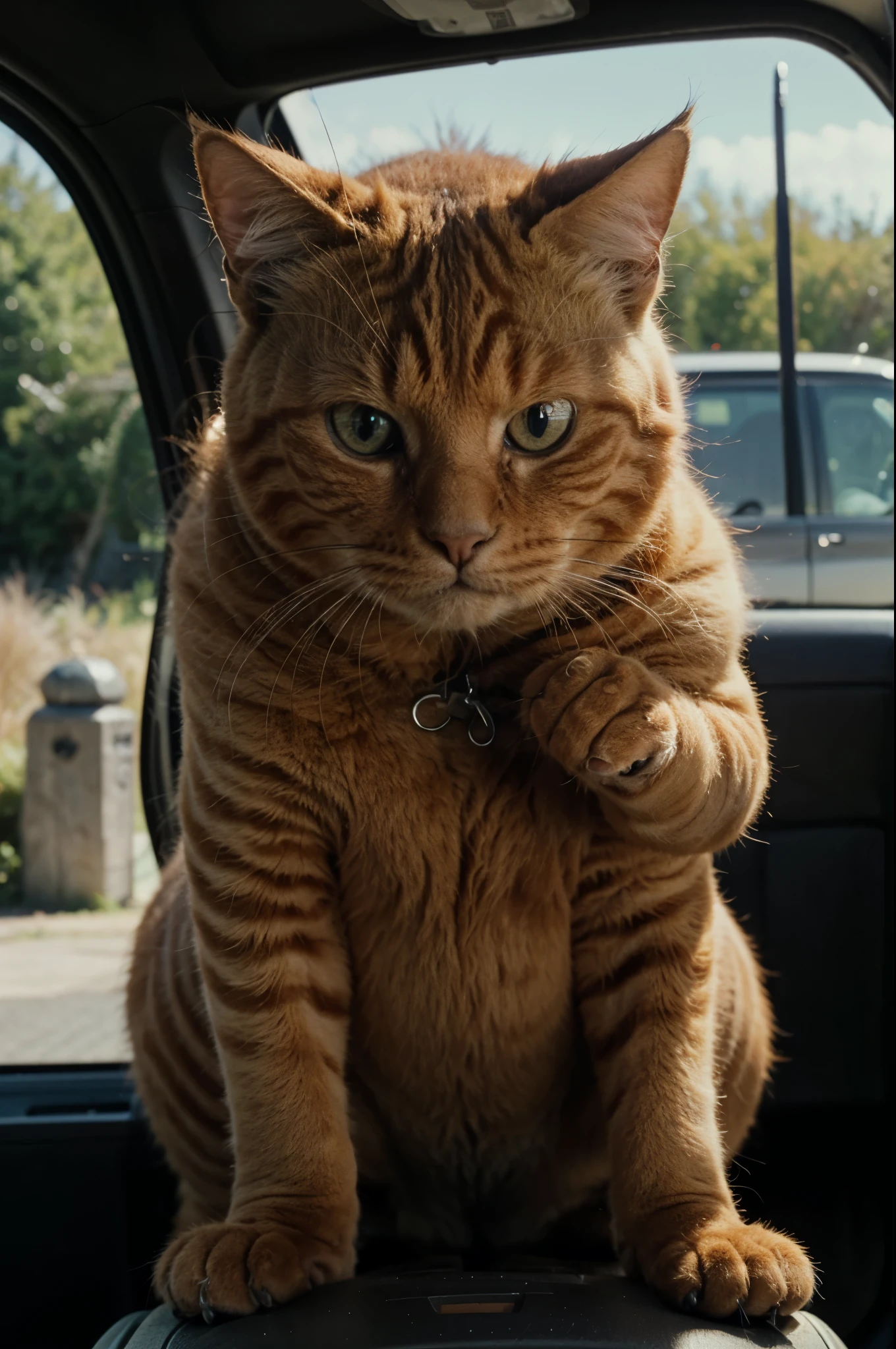 create a sad story of a realistic orange chubby cat driving a car ((imagem em 3d)) ((imagem em 8k)) ((imagem de cinema))