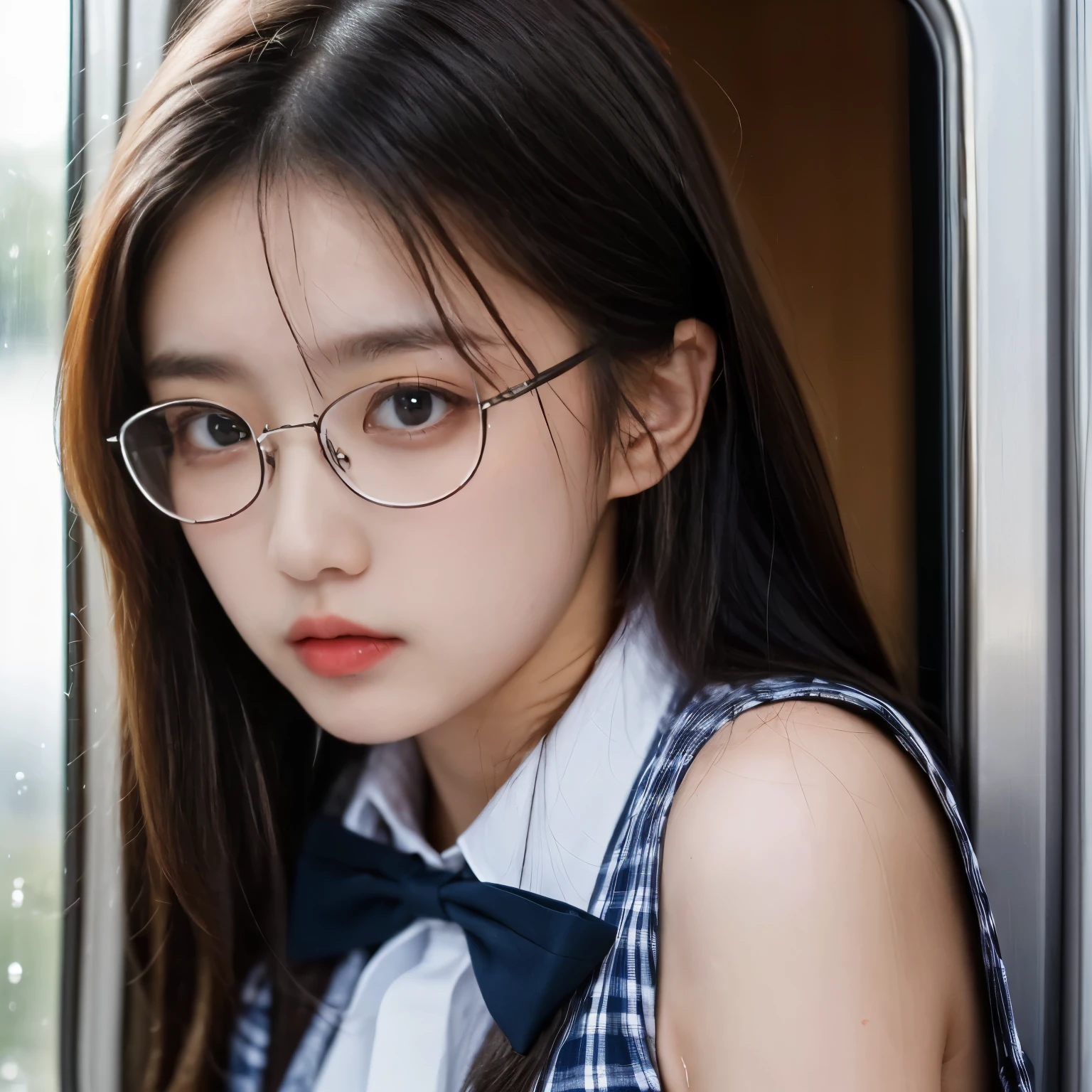 ((High school girl on the train door))、Red bow tie、Dark blue checked skirt)).lingerie,40k, photograph, Tabletop, highest quality, Rainy background, ((1 Gorgeous wet light haired girl with beautiful eyes, She has a beautiful face and wears glasses, )). White skin, Big eyes,Various poses.((Large Breasts,:1.1)), highest quality, Tabletop, Ultra-high resolution, (Realistic:1.4), RAWphotograph, (Perfect figure), Dynamic Pose, ((Petite :0.9))), alone, Cold light 12000K, Very detailed facial and skin texture, Fine grain, Realistic eyes, 美しいFine grain, (Realistic Skin), Charm, 超A high resolution, Surreal, Very detailed,((she's soaking wet))、((erection))、((Backward view)),((look back))、
