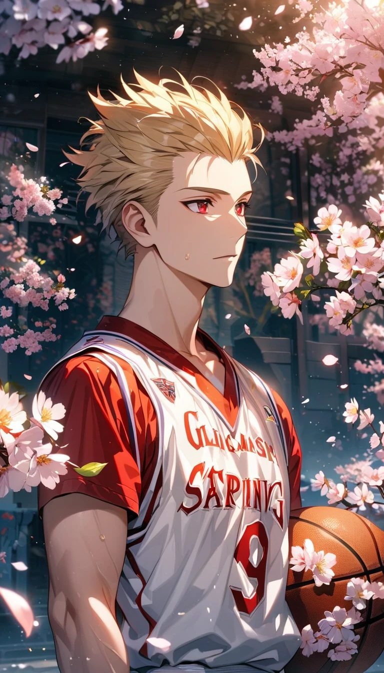 absurdres, highres, ultra detailed, HDR, masterpiece, extremely detailed face and eyes, Gilgamesh, blond hair slicked back, short hair, expressive red eyes, Fate Stay Night, solo, sexy man, handsome, basketball uniform, spring, blossoms, petals, birds