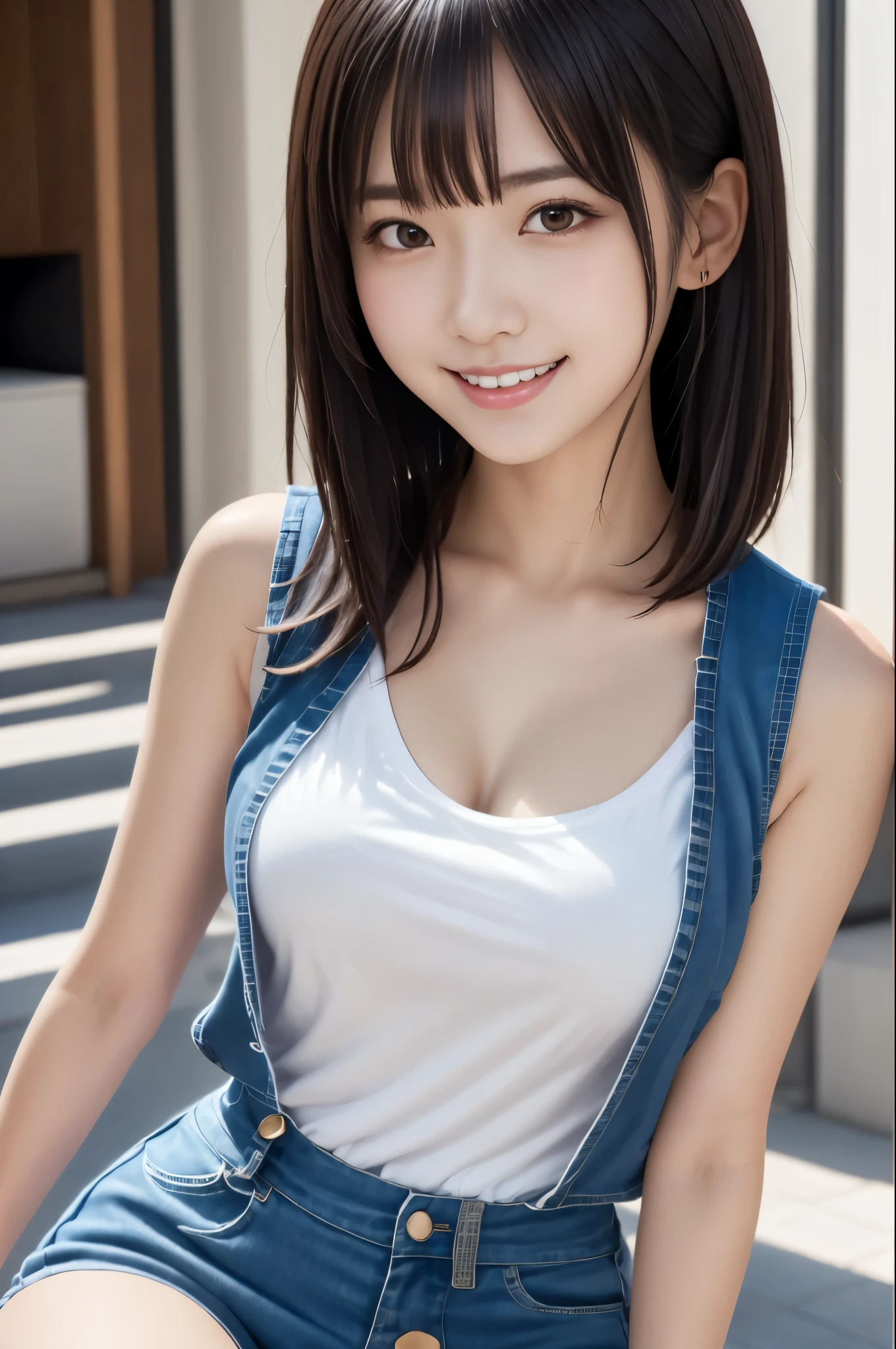 Close-up of a woman posing for a photo,  The most beautiful Japanese models, 18 year old female model,  4K、bangs、Black-haired, Slightly longer bob hair, Middle Hair, Straight hair、(White sleeveless blouse,one piece:1.2),　(Super cute idol-like face:1.4), whole body, Slim and beautiful figure, sexy, Beautiful breasts, Laughter, (RAW Photos, highest quality, masterpiece, Super detailed, Ultra-high resolution, Realistic), 