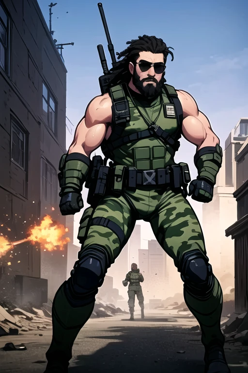Destroyer, ((best quality)), ((Masterpiece)), (detailed), perfect face, strong man, african, muscular,
bearded, sunglasses, tall, military clothing, armor, camouflage, grenades,Anti-tank Rocket
Launcher Weapon Vector Set, swat,
green tactical suit, cyberpunk, black men, sleeveless, tipo duro, future armor, grandes,
heavy weaponry, strong arms, rastafari, swat, black hair, black boots, military necklace,
((black skin,)) black armor, ((pixelated camouflage M09,)) ((grenades hanging on the chest,))
((black future armor,)) black belt, black boots, scars on arms,