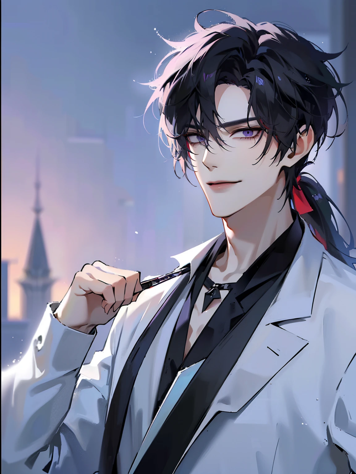 (masterpiece, 4k, high quality:1.3), 1boy, solo, long hair in ponytail, black hair, asymmetrical fringe, purple eyes, handsome, sharp eyes, (mature male, mature:1.2), male focus, fashionable, white collared shirt, purple and gray coat, necklace, sunset, evening, close up, smile, elegant