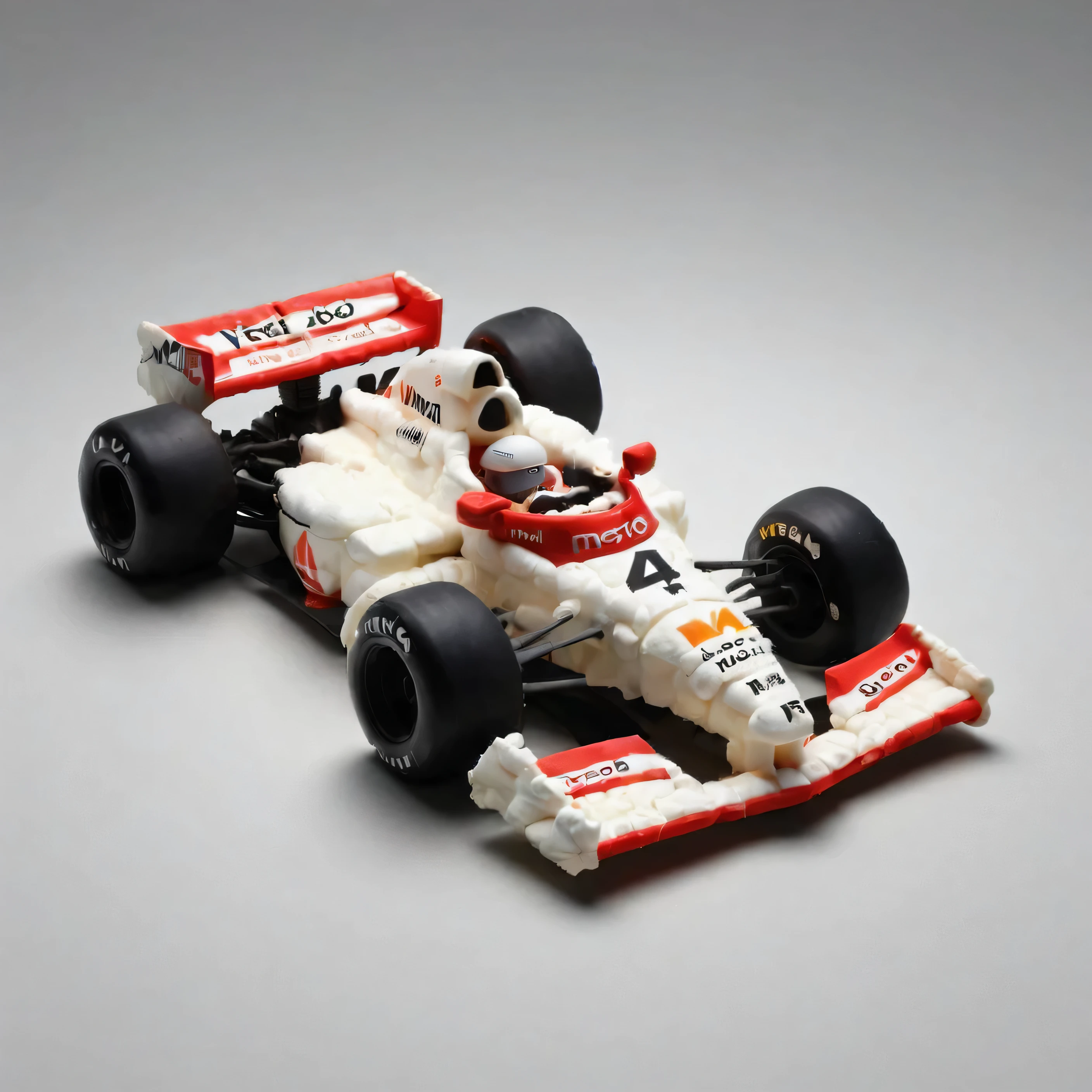 Mclaren MP4/4 feito de pipoca, numa corrida muito veloz segurando a bandeira do brasil