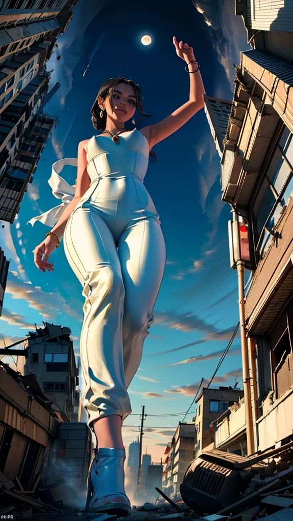 (16k, High resolution, highest quality, masterpiece, 超High resolution), ((Giantess Elements, From ↓)), Perfect dynamic composition:1.2, (Modern city at night), Highly detailed skin and facial textures:1.2, (Towering Giant Young Woman:1.0, Higher than skyscrapers:1.0, 50,000 feet tall:1.0, Incredibly slim body:1.0), smile, Fair skin, Sexy beauty, Very beautiful face, (Looking up at the approaching woman from below), (White wide leg jumpsuit:1.0), Shapely breasts, Chest gap, Big eyes that exude beautiful eroticism, Lips that exude beautiful eroticism, necklace, Earrings, bracelet, wedding ring, Shoulder bag, clock, ribbon, Full body portrait, ((Destroy a small town, Burning Small Town, rubble, Destroyed small building, Collapsed highway, Evacuated Residents)), (Major impact, Emphasizing the majesty and power of giants, Increase the destructive element, Making cities smaller)