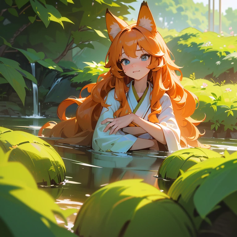 (best quality,4k,8k,highres,masterpiece:1.2),ultra-detailed,(realistic,photorealistic,photo-realistic:1.37),cute,solo girl with orange long wavy hair,blue eyes,fox ears,fluffy fox tail,summer time in Japan,beautiful garden scenery,lush greenery,colorful