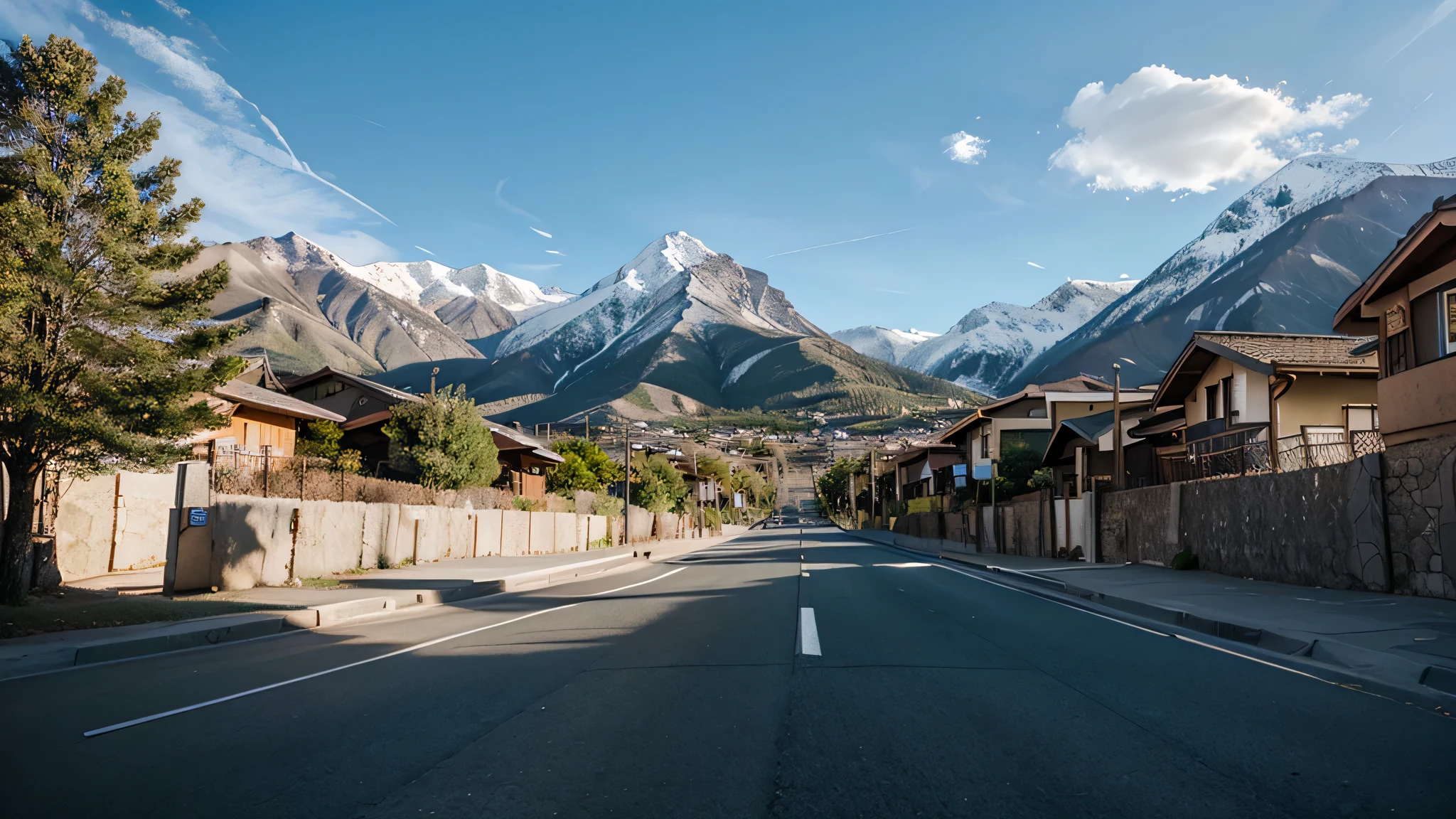 low angle street view of straight with mountain background no homes just road and some trees