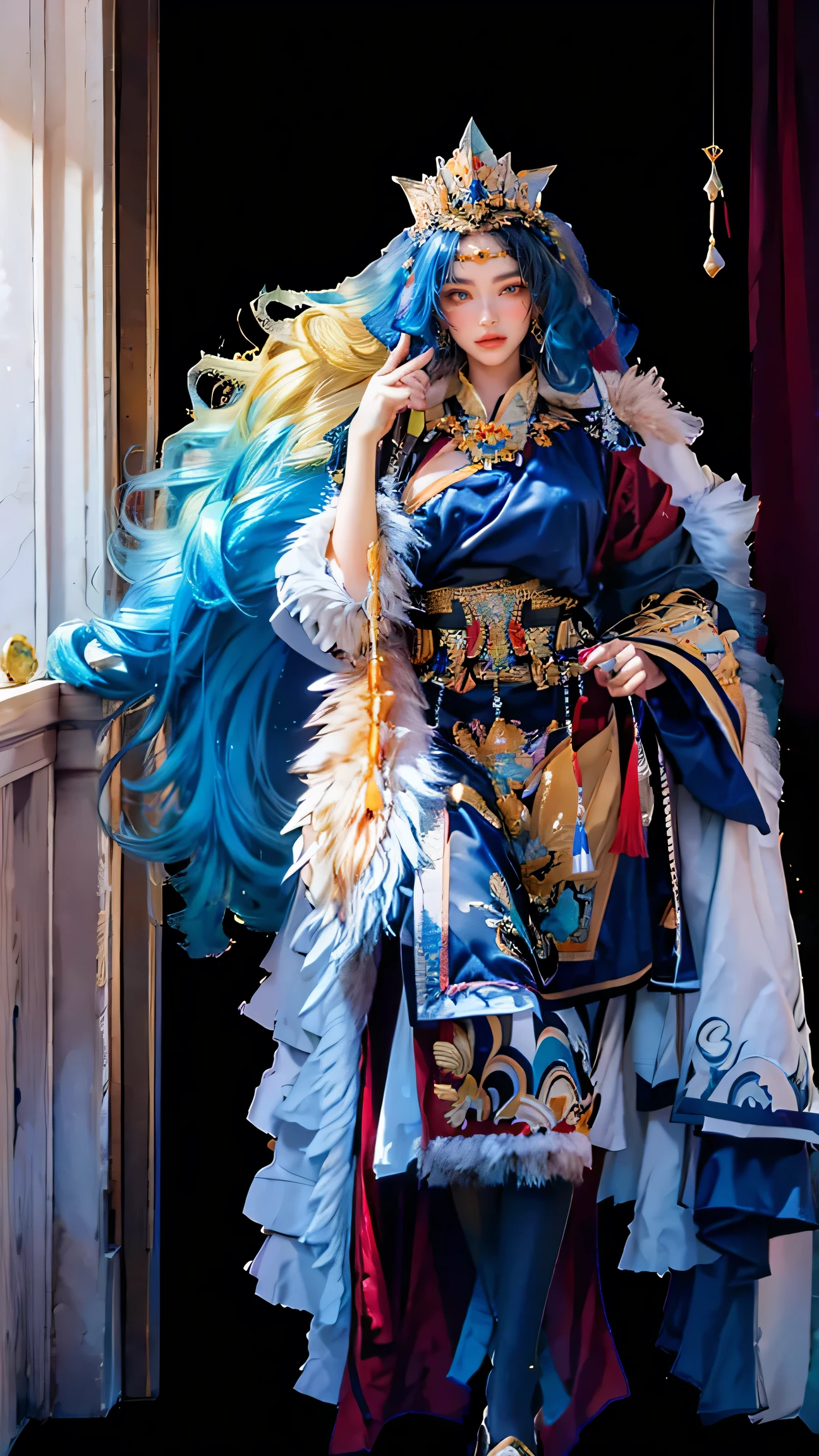Best Best quality, masterpiece, ultra high res, raw photo, beautiful and aesthetic,deep shadow, dark theme,(ultra detailed:1.3),
1girl, dress with frills, gloves, stockings, dynamic pose, Headdress, hair ornament, full of curtain, drill hair, long hair, blonde hair, gradient hair, yellow eyes, solo, huge breasts, G-cup, big hair, blue hair, tiara, divine goddess, looking at viewer, royal palace, indoors, bedroom, astraea, full body, Tibet clothes, fur coat