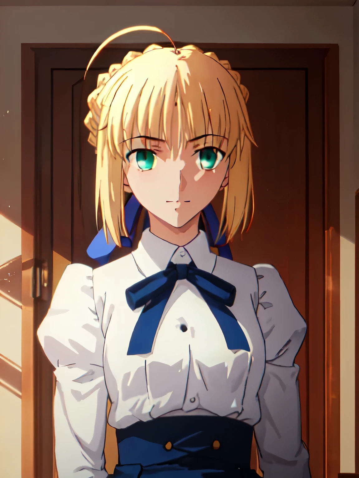 best quality, masterpiece, highres, solo, {saber_fatestaynightufotable:0.90}, 1girl, parody, anime_coloring, official_white_shirt, blue_skirt, looking_at_viewer, upper_body, french_braid, kuudere_face, blush, little_smile, large_breasts, dark_room, night_time