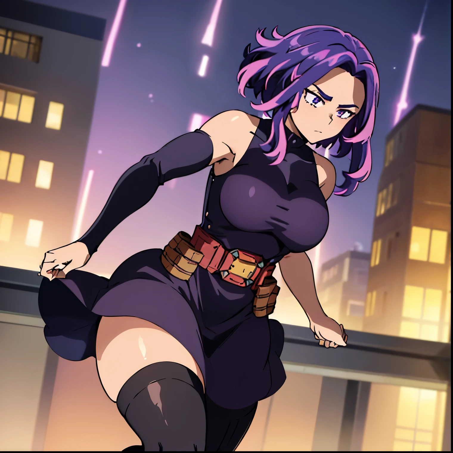 1 girl, alone, lady nagant, purple hair, boku no hero academia, (tight black dress), sleeveless dress, purple hair, (multicolored hair), (purple eyes), from behind, looking at viewer, from behind, pov (from below), big breasts, medium waist, wide hips, medium thighs, round butt, stockings, roof of building, night, moon, belt, black stockings, curvy body, perfect anatomy, perfect hands