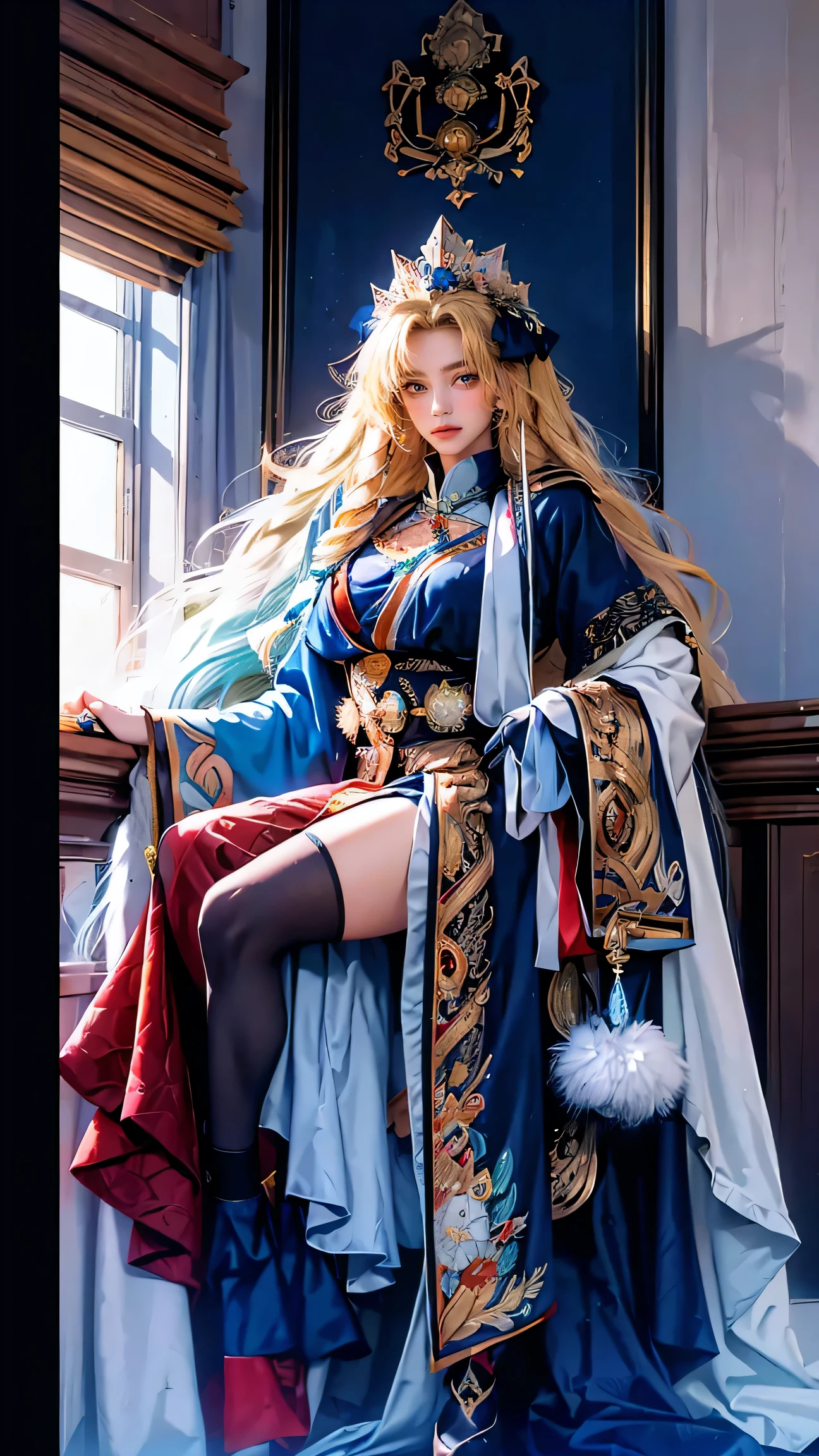 Best Best quality, masterpiece, ultra high res, raw photo, beautiful and aesthetic,deep shadow, dark theme,(ultra detailed:1.3),
1girl, dress with frills, gloves, stockings, sexy pose, Headdress, hair ornament, full of curtain, drill hair, long hair, blonde hair, gradient hair, yellow eyes, solo, huge breasts, G-cup, big hair, blue hair, tiara, divine goddess, looking at viewer, royal palace, indoors, bedroom, astraea, full body, Tibet clothes, fur coat