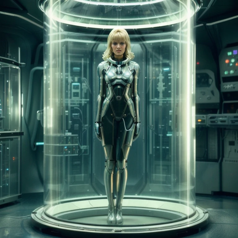 American woman in a glass case in a futuristic room, Woman captured by aliens、hazy consciousness、tankトップにタイトスカート、 SF Spaceship Interior, futuristic image, SF Women, retrofuturistic、 Beautiful woman, tank,  Standing in a futuristic laboratory、Human experimentation