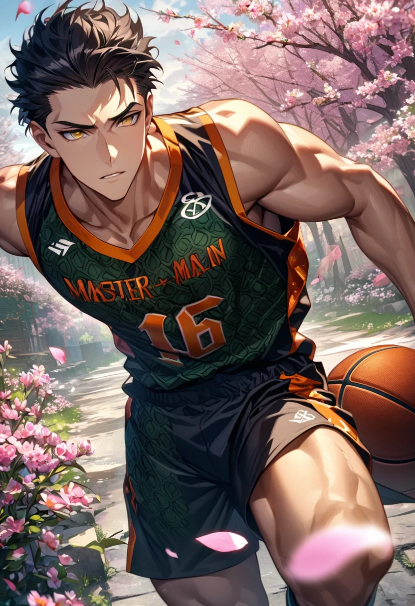 Ultra detailed, Highres, HDR, absurdres, Diarmuid Ua Duibhne, black hair, expressive golden eyes, patterns, Fate Grand Order, sexy man, handsome, solo, extremely detailed face and eyes, petals, blossoms, spring, master piece, basketball uniform
