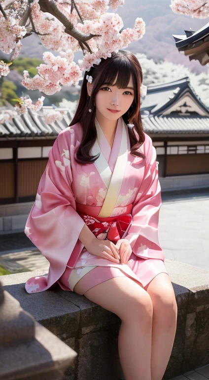highest quality、8K、Super detailed,araffe woman In kimono sitting on a ledge with a camera, in kimono, wear Kimono, Flowing cherry-colored silk, Flowing cherry blossom silk, wearing a simple robe, Japanese Model, Japanese Goddess, In kimono, red kimono with floral print, red kimono, Japanese Kimono, Elegant Japan Woman, sakura petals around her, Girls Cosplay, wear Kimono