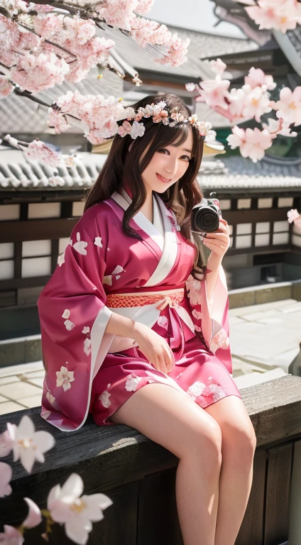 highest quality、8K、Super detailed,araffe woman In kimono sitting on a ledge with a camera, in kimono, wear Kimono, Flowing cherry-colored silk, Flowing cherry blossom silk, wearing a simple robe, Japanese Model, Japanese Goddess, In kimono, red kimono with floral print, red kimono, Japanese Kimono, Elegant Japan Woman, sakura petals around her, Girls Cosplay, wear Kimono