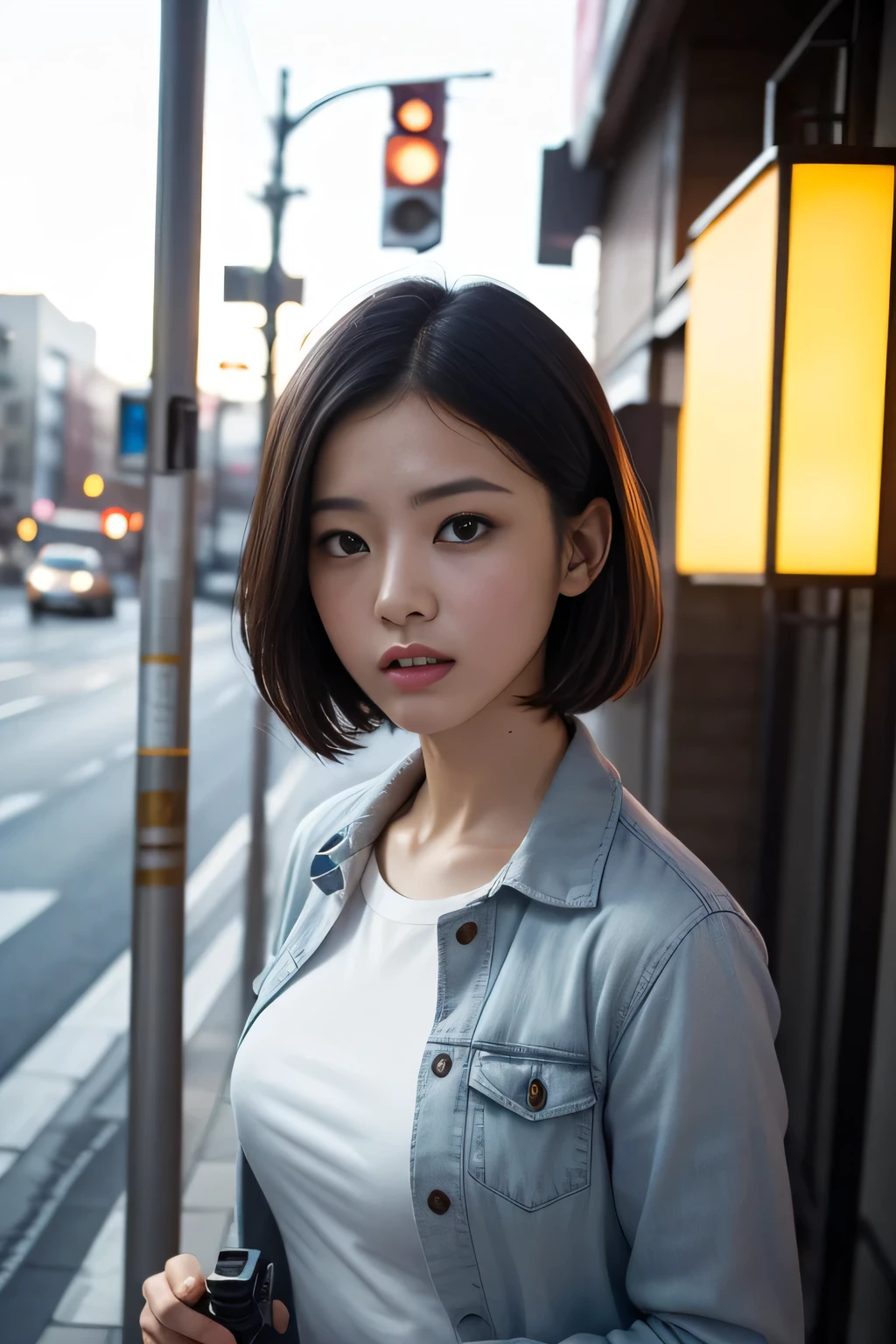 (8k、Raw photo、highest quality、masterpiece:1.2)、(Realistic、Photorealistic:1.37)、One Girl、(Perfect Japan、Beautiful young woman)、career woman、short hair、dark grey HAIR、Iris、Grim face、White shirt、Jacket、((Female version of Dirty Harry))、Holds a rotary pistol、「stop!」And scream、Hunt down suspects、Japan drama、Woman close up、Wet、Professional Lighting、Photon Mapping、Radio City、Physically Based Rendering、Tense situation、on the road、Cinematography、gravure