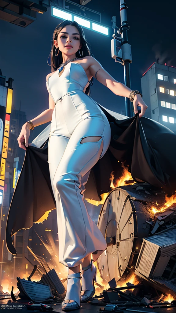 (16k, High resolution, highest quality, masterpiece, 超High resolution), ((Giantess Elements, From ↓)), Perfect dynamic composition:1.2, (Modern city at night), Highly detailed skin and facial textures:1.2, (Towering Giant Young Woman:1.0, Higher than skyscrapers:1.0, 50,000 feet tall:1.0, Incredibly slim body:1.0), smile, Fair skin, Sexy beauty, Very beautiful face, (Looking up at the approaching woman from below), (White wide leg jumpsuit:1.0), Shapely breasts, Chest gap, Big eyes that exude beautiful eroticism, Lips that exude beautiful eroticism, necklace, Earrings, bracelet, wedding ring, Shoulder bag, clock, ribbon, Full body portrait, ((Destroy a small town, Burning Small Town, rubble, Destroyed small building, Collapsed highway, Evacuated Residents)), (Major impact, Emphasizing the majesty and power of giants, Increase the destructive element, Making cities smaller)