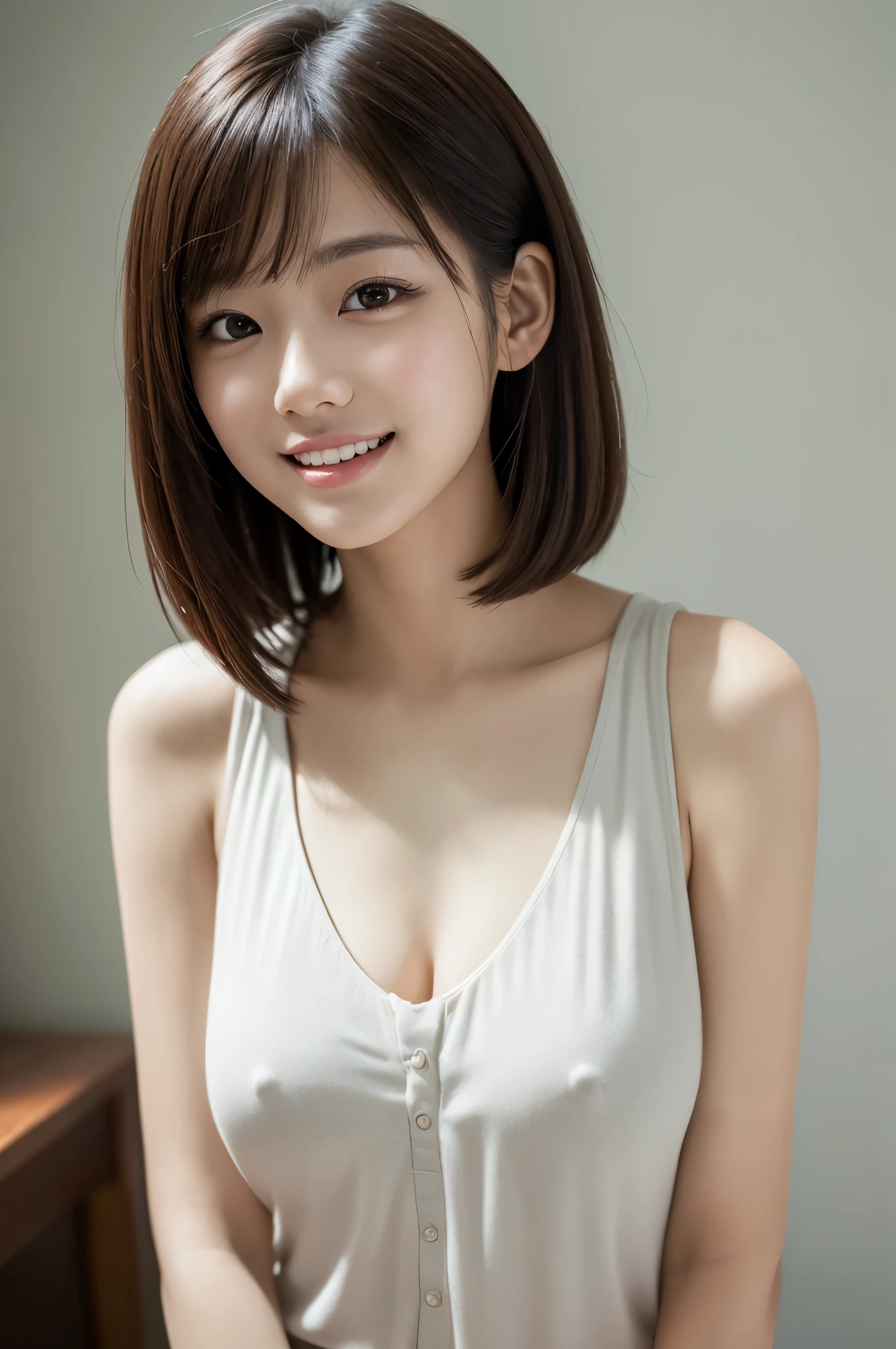 Close-up of a woman posing for a photo,  The most beautiful Japanese models, 18 year old female model,  4K、bangs、Black-haired, Slightly longer bob hair, Middle Hair, Straight hair、(White sleeveless blouse,one piece:1.2),　(Super cute idol-like face:1.4), whole body, Slim and beautiful figure, sexy, Beautiful breasts, Laughter, (RAW Photos, highest quality, masterpiece, Super detailed, Ultra-high resolution, Realistic), 