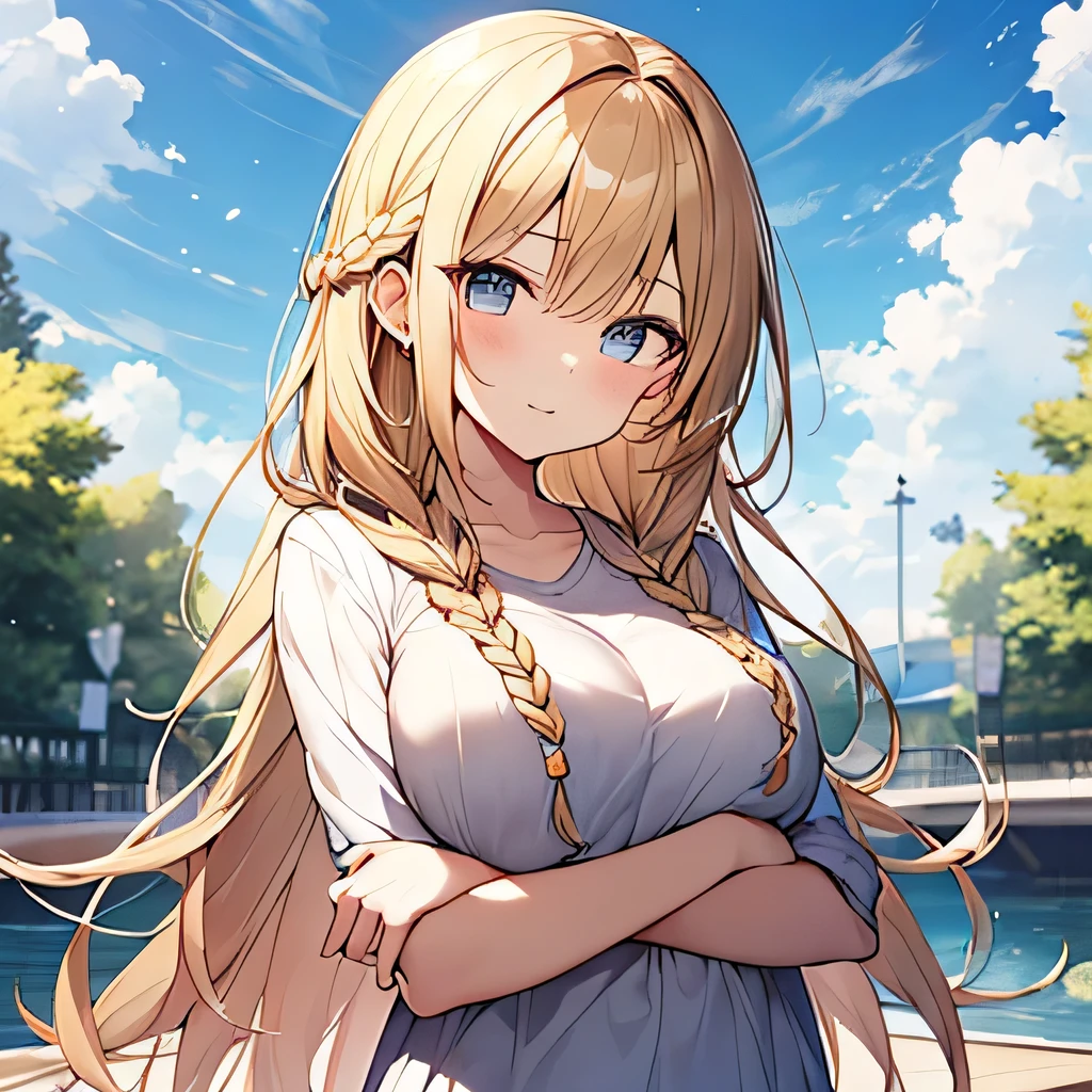 masterpiece、highest quality,Very detailed, Absurd beauty、1 beautiful girl、 (Long Hair、Braided hair、blonde、Ample breasts), Keep your head small、Big eyes、Casual clothing、Summer clothes、fold your arms under your chest