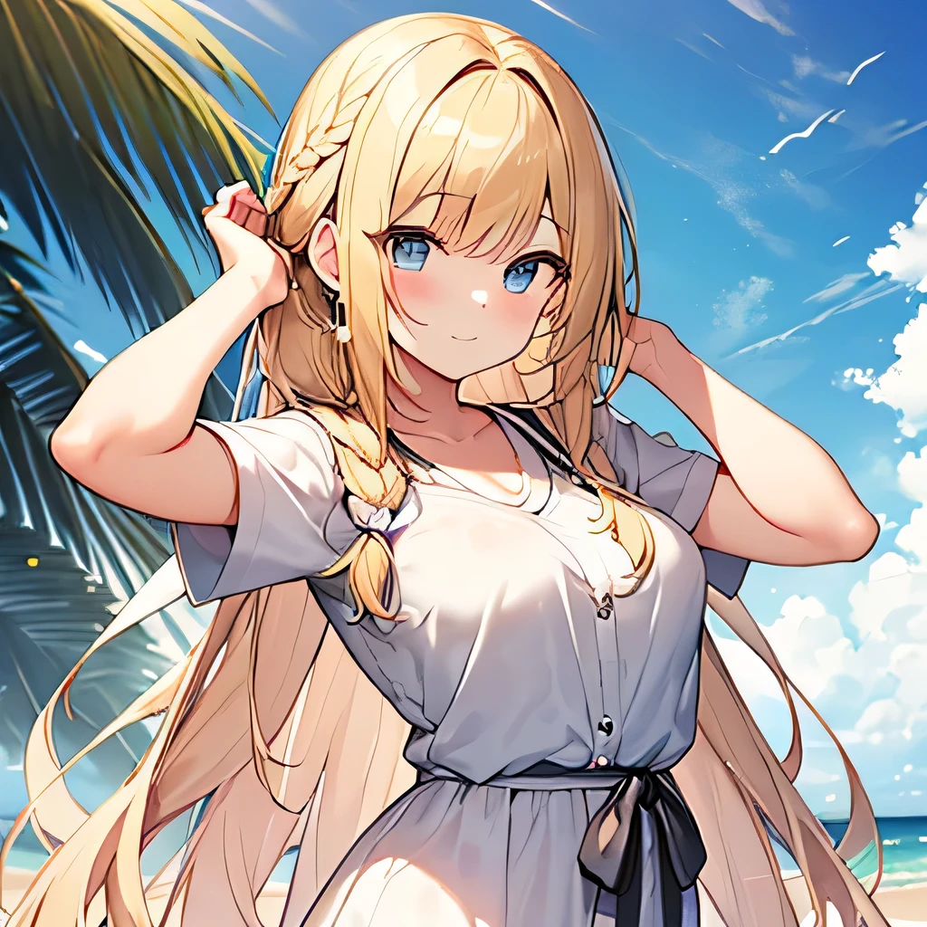 masterpiece、highest quality,Very detailed, Absurd beauty、1 beautiful girl、 (Long Hair、Braided hair、blonde、Ample breasts), Keep your head small、Big eyes、Casual clothing、Summer clothes、fold your arms under your chest