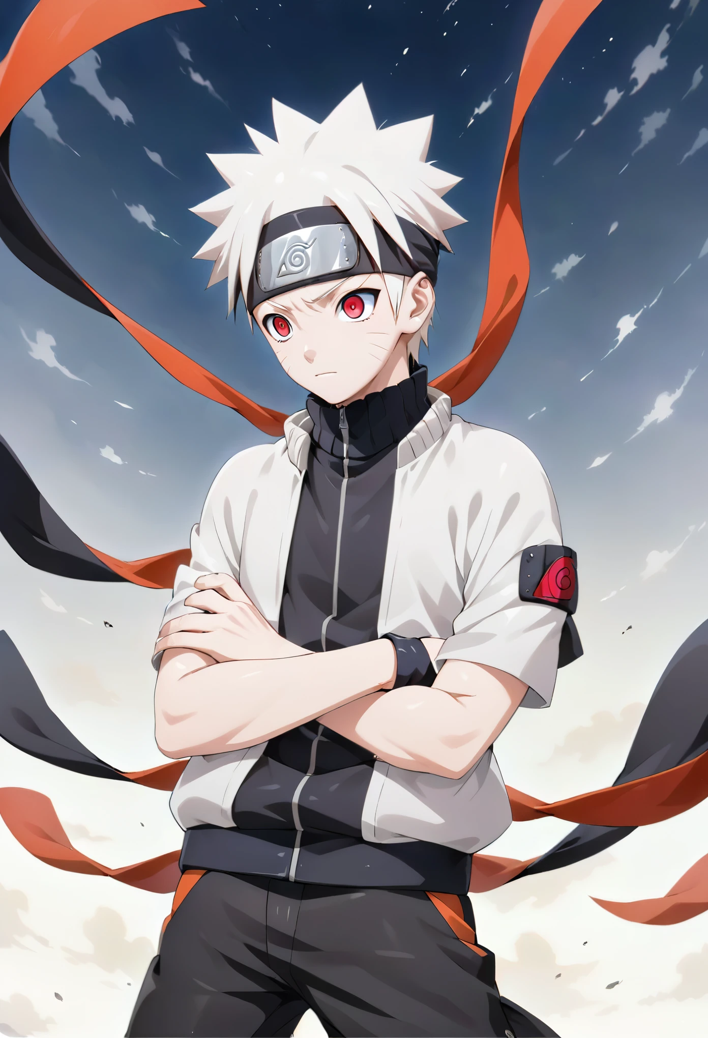 Generate a  mature image of a 13 year old albino boy in the art style of Naruto Shippuuden from a side perspective: white hair; Red eyes; wearing a black t-shirt, white jacket; printed Uchiha clan symbol; black pants ; black happuri; bands on hands and arms. Reflective expression