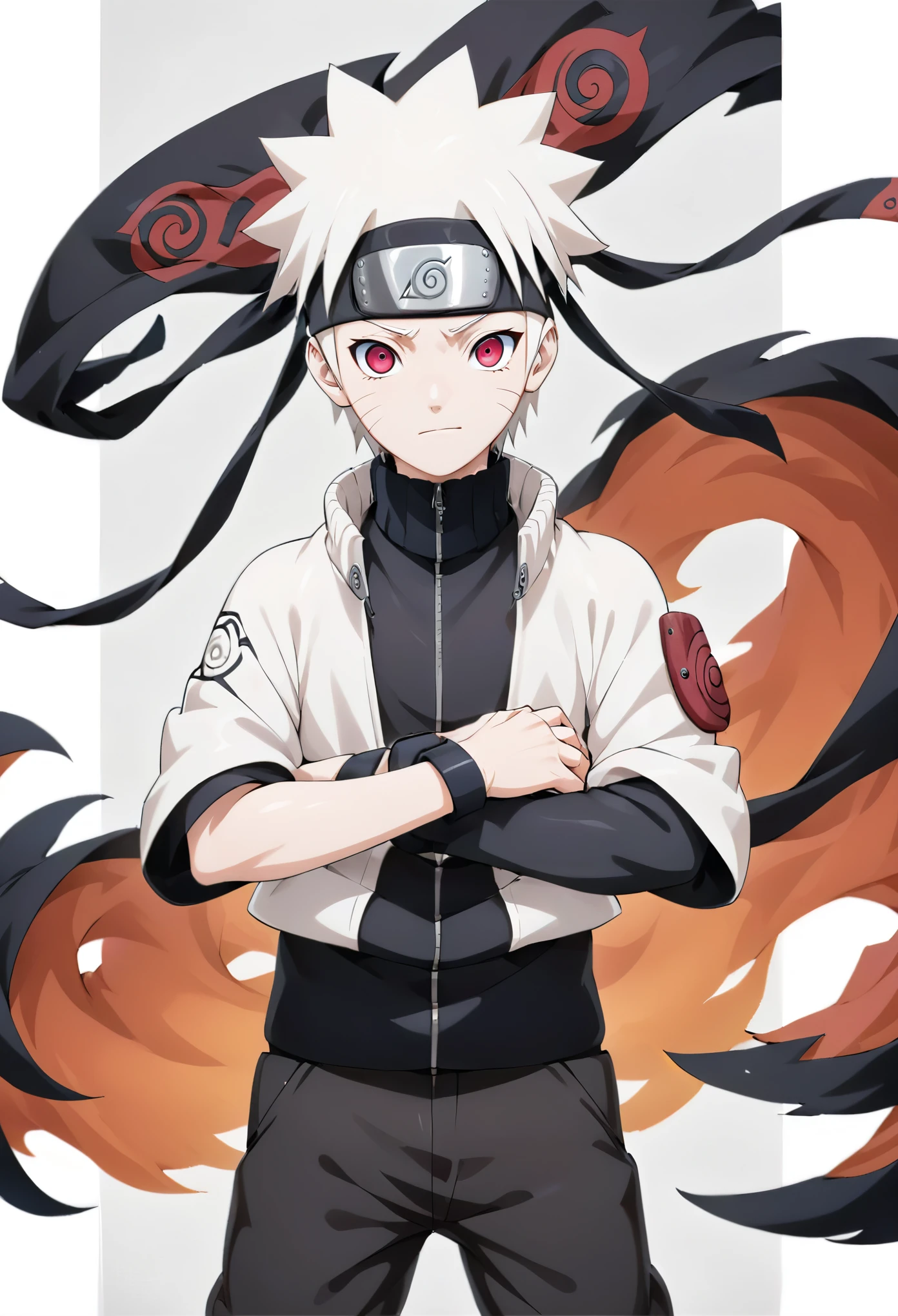 Generate a mature image of a albino boy in the art style of Naruto Shippuuden from a side perspective: white hair; Red eyes; wearing a black t-shirt, white jacket; printed Uchiha clan symbol; black pants ; black happuri; bands on hands and arms. Reflective expression