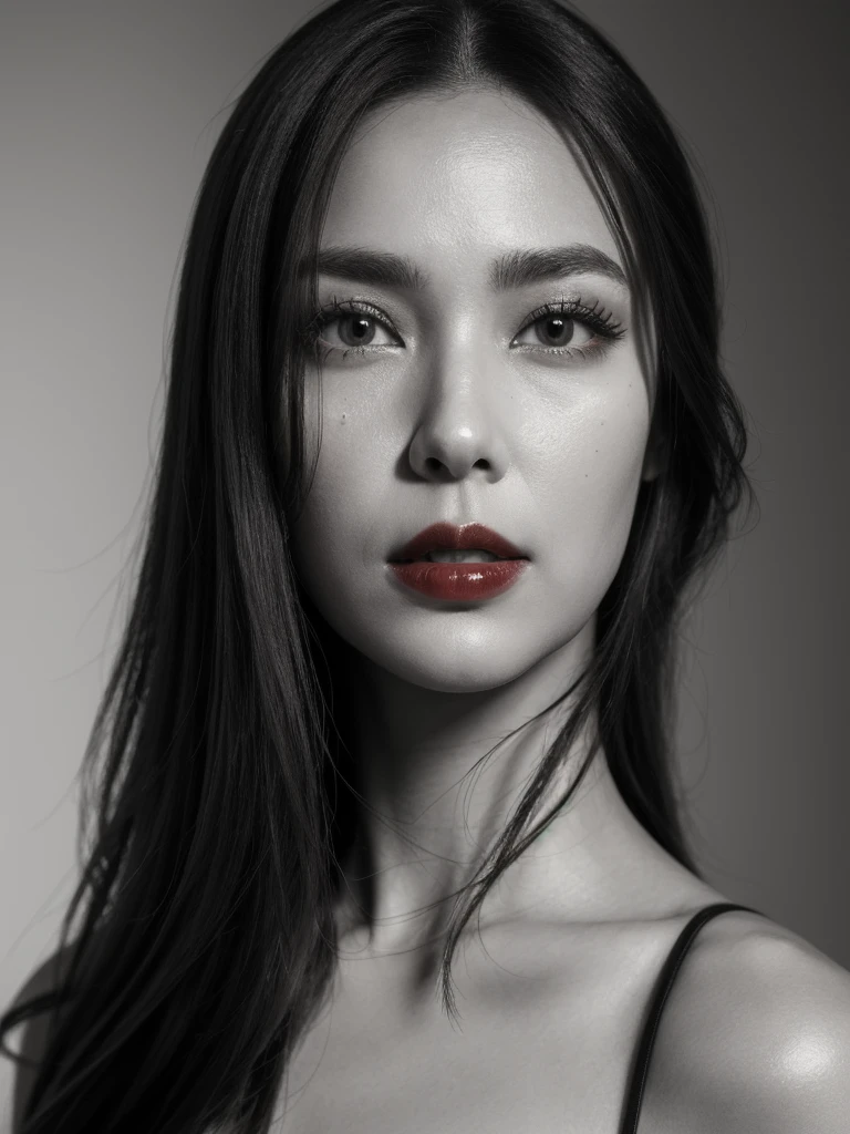 ((Top Quality)), ((8K)), ((Masterpiece: 1.3)), (Perfect Appearance), (Photorealism: 1.6), (monochrome: 1.6), japanese woman, (48 years old), ((Standing upright, facing forward, center of screen)), ((Realistic skin texture)), (Fine wrinkles throughout the skin), (Dull skin), (Skin without moisture), (Wrinkles on the corners of the eyes: 1.2), Double eyelids, tear bags on the lower eyelids, The eyes are looking here, serious gaze, (Dimples: 1.2), (Only the lips are red color: 1.4), (focus on face: 1.3),